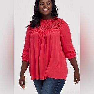 TORRID Sz 2 (vanity) High Neck Lace Neckline Balloon Sleeve Flowy Blouse NEW
